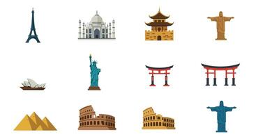 Iconic landmarks in flat design style showcasing famous structures in illustration vector