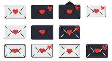 Heart-themed envelope variations in flat style showcasing love messages art vector