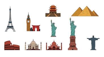 Iconic global landmarks in flat design style showcasing diverse structures in art vector