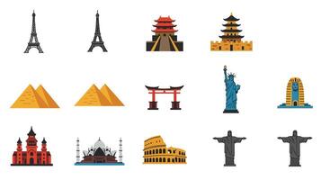 Iconic landmarks in various styles featuring flat design elements in colorful illustration vector