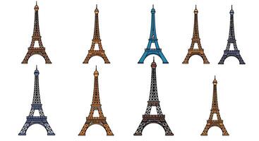 Eiffel Tower variations in different colors and designs in flat art vector