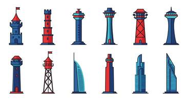 Tower designs in various styles and heights in flat art vector