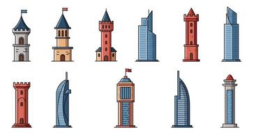 Tower designs in flat style showcasing various architectural structures in art vector