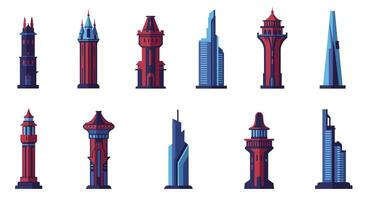 Tall building designs in flat style showcasing various architectural forms illustration vector