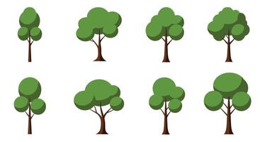Various tree designs in flat style showcasing different shapes and sizes illustration vector