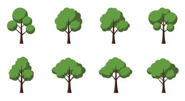 Various tree designs in flat minimal style showcasing different shapes and sizes illustration vector