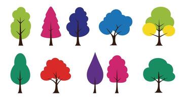 Colorful trees in various shapes and sizes in flat art vector