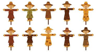 Scarecrow character designs in various styles flat art vector