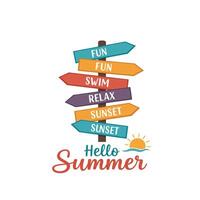 Colorful summer signpost with fun activities and cheerful greetings for the season vector