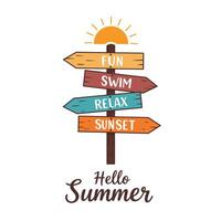 Colorful summer signpost with directions for fun, swim, relax, and sunset activities vector