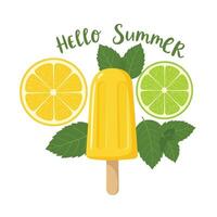 Bright yellow popsicle surrounded by fresh lemons and limes with a summer greeting vector