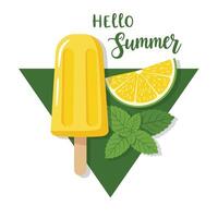 Bright yellow popsicle with lime and mint leaves on green triangle background vector