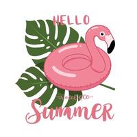 Colorful flamingo float surrounded by tropical leaves with summer greeting text vector
