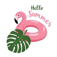 Pink flamingo float with tropical leaves and summer greeting design vector