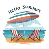 Two beach chairs under a colorful umbrella with ocean waves and clouds in the background vector