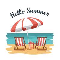Two beach chairs under a striped umbrella with ocean view and summer vibes vector