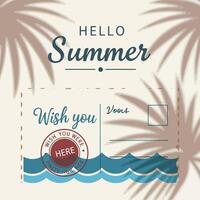 Summer postcard design featuring palm leaves, waves, and cheerful greetings for vacation vibes vector