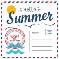 Colorful postcard design featuring summer theme with sun, waves, and greeting text vector