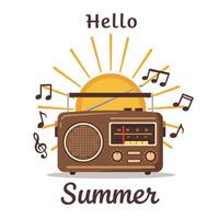 Vintage radio with sun and musical notes representing summer vibes and warmth vector