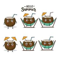 Cute cartoon coconuts enjoying summer with drinks and umbrellas in playful poses vector