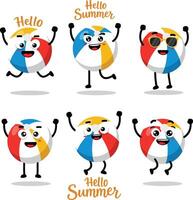 Cheerful animated beach balls celebrating summer with joyful expressions and playful actions vector