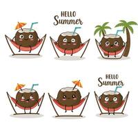 Cute cartoon coconut characters relaxing with summer vibes and tropical elements vector