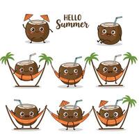 Fun cartoon coconuts enjoying summer with hammocks and tropical vibes vector