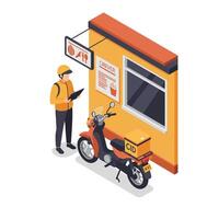 Delivery driver checking order details at food pickup window with motorcycle vector
