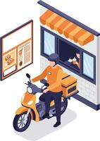 Delivery rider at a food window preparing for a quick service order vector