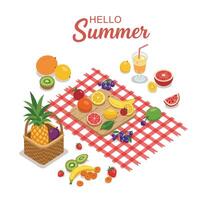 Colorful summer picnic with fruits and refreshing drinks on a checkered tablecloth vector