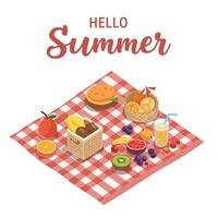 Summer picnic scene with fruits, snacks, and beverages on a checkered blanket vector