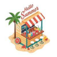 Colorful summer juice bar with tropical drinks and vibrant decorations on the beach vector
