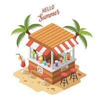 Colorful beach bar with tropical drinks and palm trees in summer theme vector