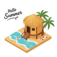 Island hut with palm trees and swimming pool in tropical summer setting vector