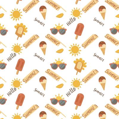 Colorful summer-themed pattern featuring ice a cream, sunglasses, and sun illustrations