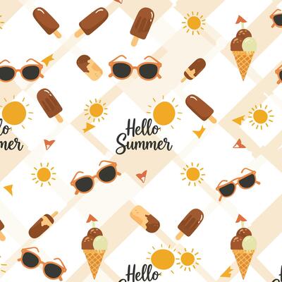 Summer-themed pattern featuring ice cream, sunglasses, and cheerful sun illustrations