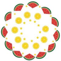 Circular pattern featuring watermelon, lemon slices, and stars in vibrant colors vector