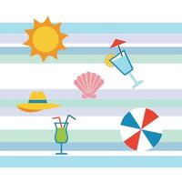 Colorful summer elements including sun, drinks, beach ball, and seashell on striped background vector