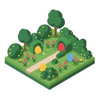 Colorful garden scene with trees, flowers, and decorative eggs in spring setting vector