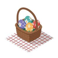 Colorful Easter eggs in a wicker basket on a checkered cloth surface vector
