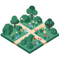 Colorful garden with trees, flowers, and decorative eggs in a symmetrical layout vector