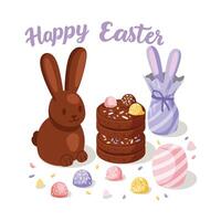 Chocolate Easter bunny with colorful eggs and festive decorations on a white background vector