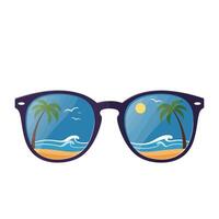 Stylish sunglasses reflecting a vibrant beach scene with palm trees and ocean waves vector
