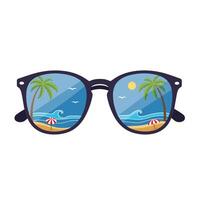 Sunglasses reflecting a tropical beach scene with palm trees and waves vector