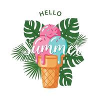 Colorful ice cream cone with tropical leaves and summer greeting design art vector