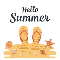 Bright summer scene with flip flops, shells, and starfish on sandy beach vector