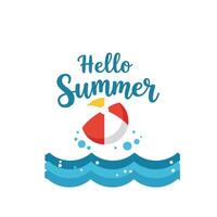 Colorful beach ball floating above waves with cheerful summer greeting text vector