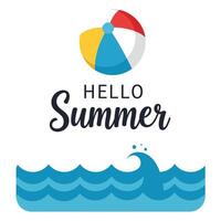 Colorful beach ball and waves with Hello Summer greeting design vector
