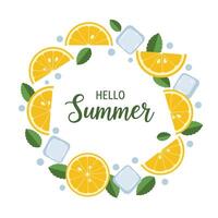 Fresh citrus design featuring lemons, ice cubes, and summer-themed text in a circular layout vector