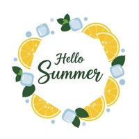 Bright summer-themed illustration with lemon slices and ice cubes in a circular arrangement vector
